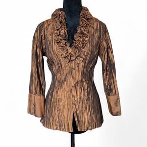 Bronze Crinkle Ruffle Collar Button Front Top Glam Statement Vintage Style